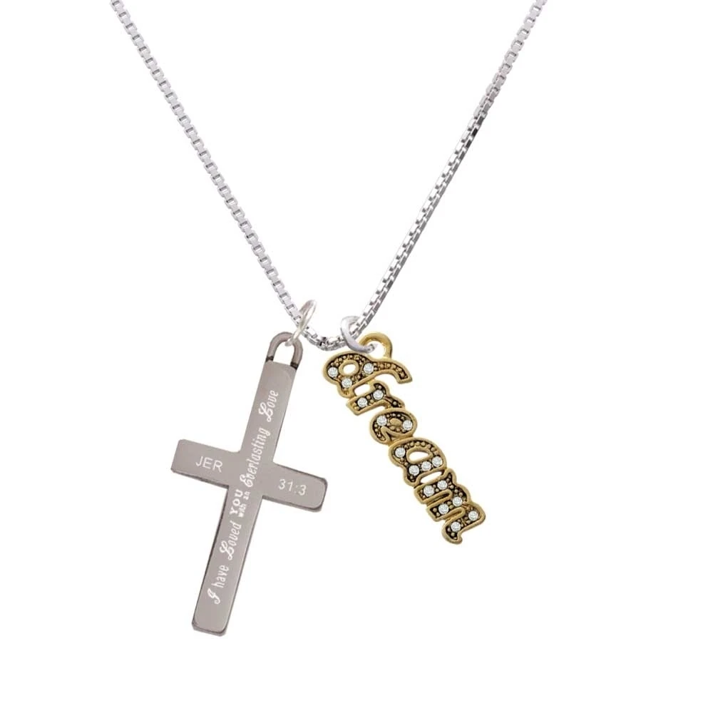 Gold Tone Script ''Dream'' with Clear Crystals - Everlasting Love - Cross Necklace