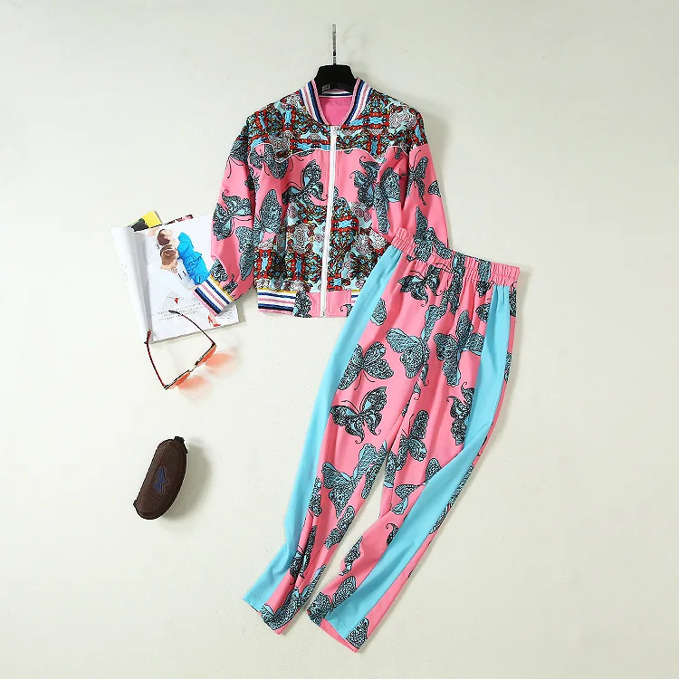 

Autumn 2019 new European and American women's wear Butterfly print jacket with three-quarter sleeve Nine minutes of pants suit