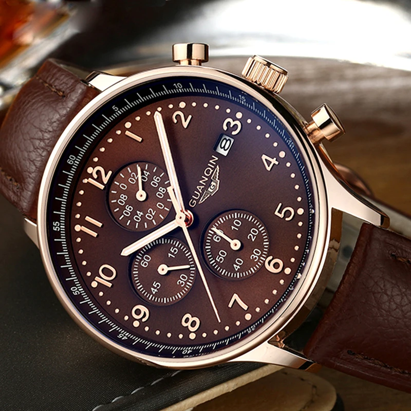 

Relogio masculino GUANQIN для мужчин s часы лучший бренд класса люкс Хронограф светящийся Часы Спорт Кожа аналоговые кварцевые наручные
