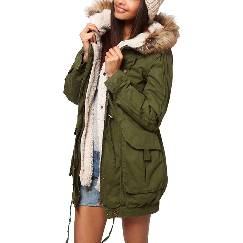 Vintage Winter Faux Fur Parkas Coat Solid Army Green Hooded Outerwear