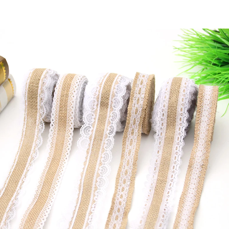 

2.5cm 5m/roll Natural Jute Burlap Ribbon with Cotton Lace DIY Trim Fabric For Sewing Wedding Decoration Accessories