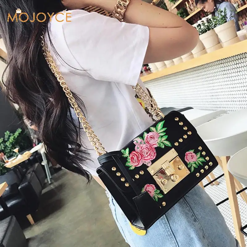 النساء التطريز زهرة رفرف أكياس الأزياء رفرف برشام بو الجلود Crossbody حقيبة بولسا الأنثوية السيدات البسيطة Crossbody حقيبة كتف