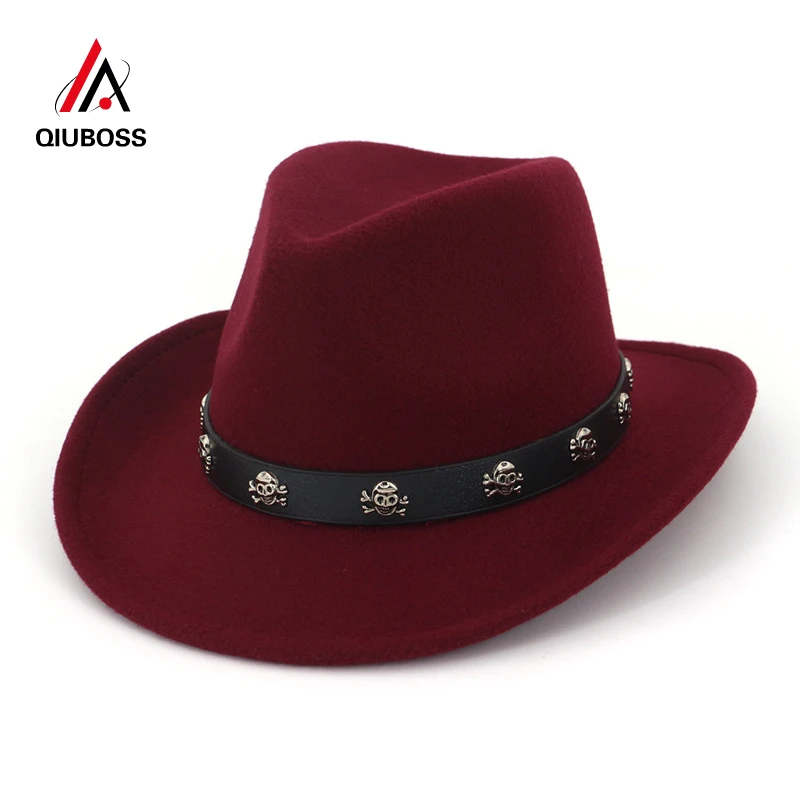 

QIUBOSS Party Carnival Fashion Men Women Wool Felt Cowboy Fedora Hats Skull Leather Decorated Adults Jazz Formal Gangster Hat