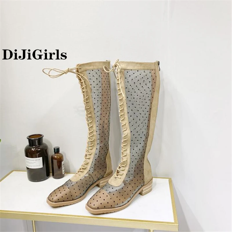 

DiJiGirls Summer Fashion Mesh Shoes Long Boots Women Sandals Comfortable Boots Cross laces Horseshoe Heel Banquet Woman Shoes
