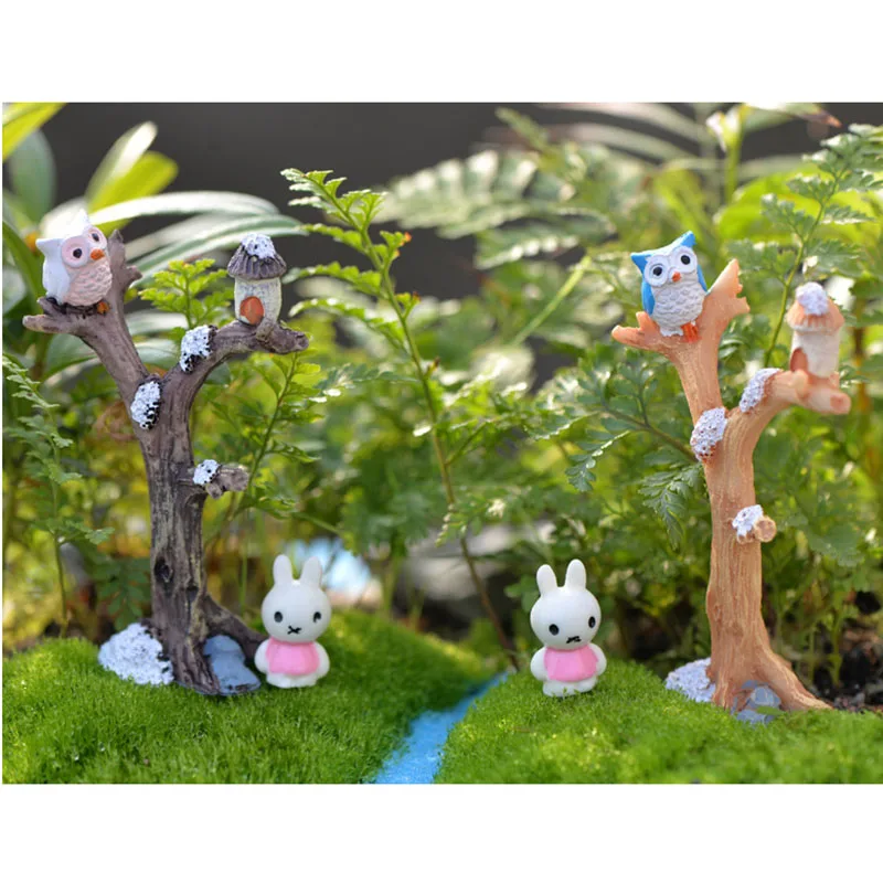 Artificial Owl With Tree Figurines Miniatures Birds Ornament Fairy Garden Gnome Statue Resin Crafts Landscape Home Decorations5