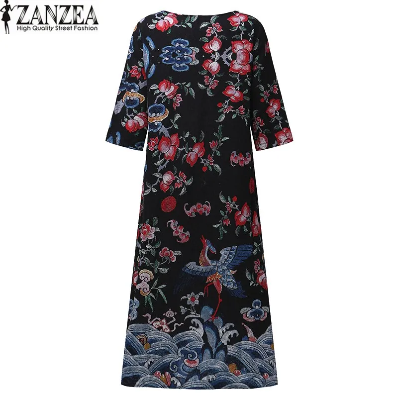 ZANZEA/Новинка; модное женское летнее платье с цветочным принтом и круглым вырезом; 3/4 рукав; карманы; осенние Повседневные Вечерние длинные платья; Vestido размера плюс