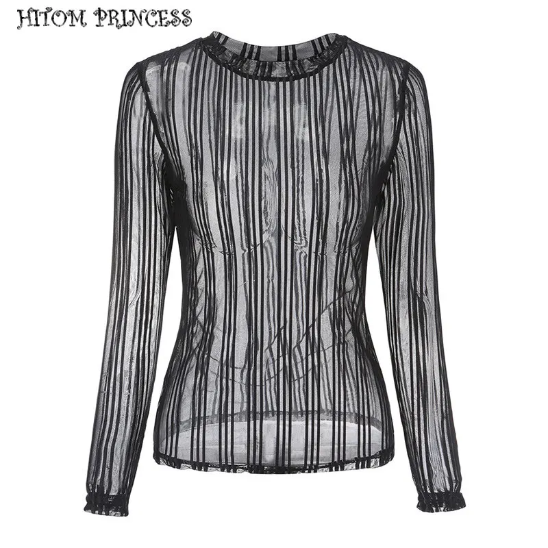 HITOM PRINCESS Sexy Mesh T-shirt Women Long Sleeve Striped T Shirt Transparent Sheer Club Tee Shirt Femme Streetwear Women Tops HITOM PRINCESS Sexy Mesh T-shirt Women Long Sleeve Striped T Shirt Transparent Sheer Club Tee Shirt Femme Streetwear Women Tops