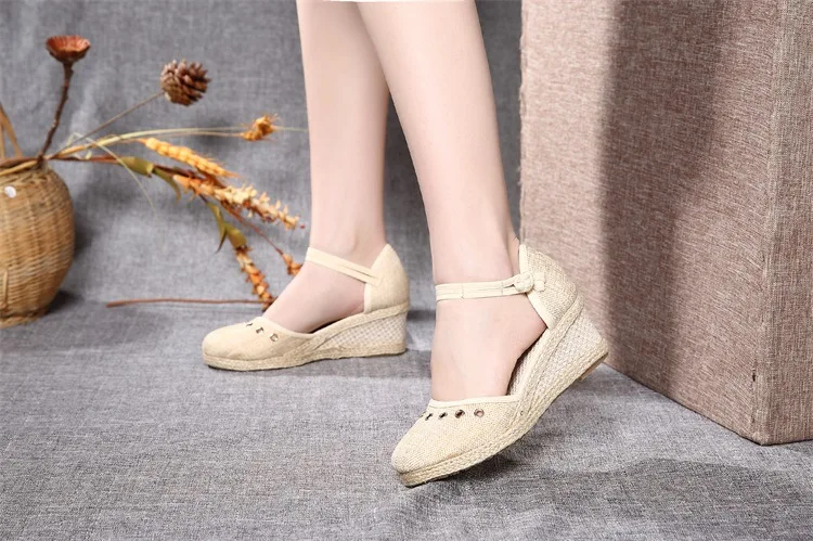 Women Sandals Casual Linen Canvas Wedge Espadrilles Sandals Summer Vintage Embroidered Ankle Strap Med Heel Platform Pump Shoes (18)