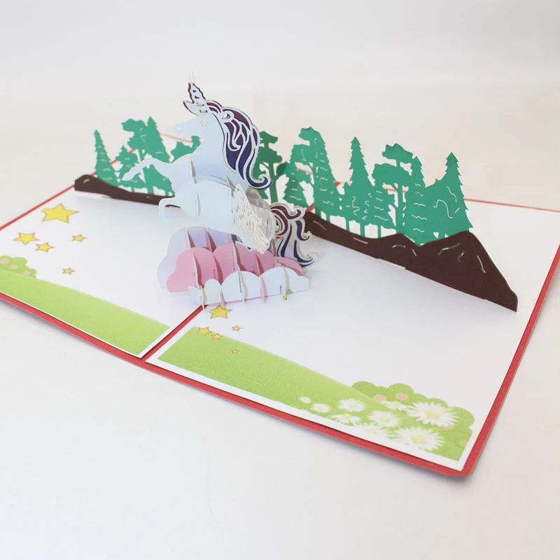  3D Handmade Color Print Cartoon Cloud-stepping Unicorn Paper Invitation Greeting Cards Postcard Kid - 33059742843