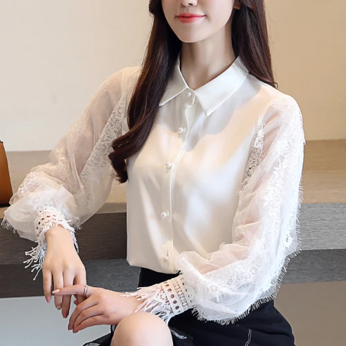 

Spring Korean Version Chiffon Women White Shirt 2019 New Style Autumn Single-breasted Lace Work Wear Female Fashion Slim Blouses