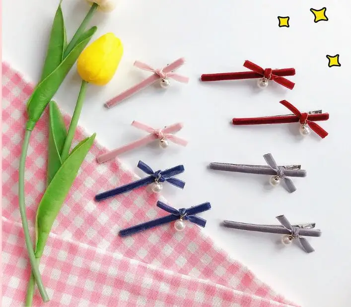 

Free Shippin Women's 8cm velvet bow hairpins with beads girl's cute lovely fashion hair clips hair Korea accessories 2018