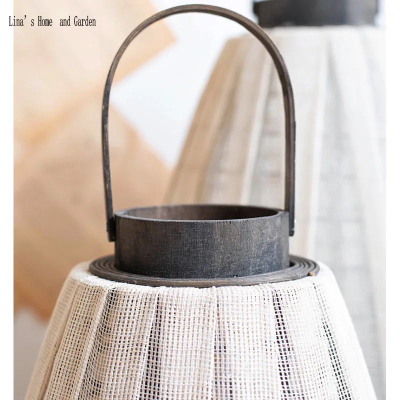 garden decor hurricane white fabric wooden lantern candle holder (2)