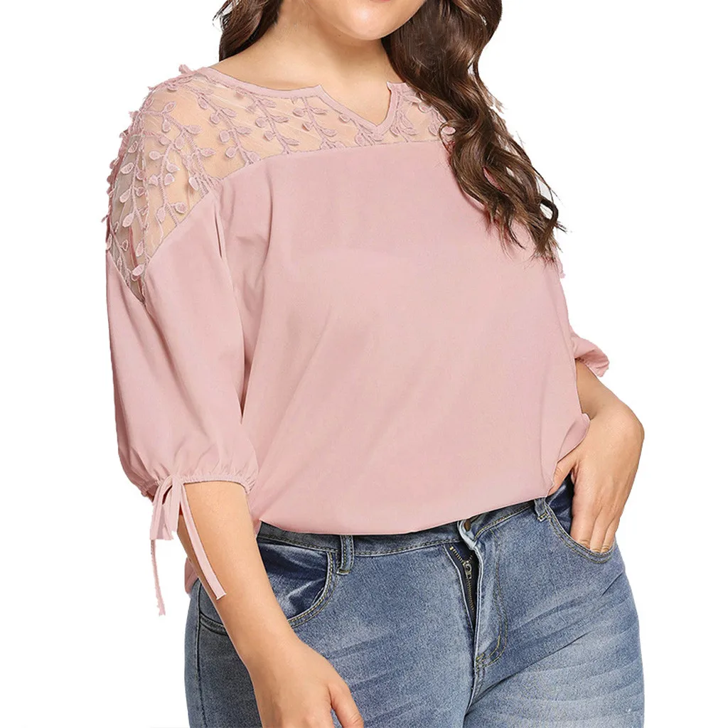 Plus Size Summer Fashion Casual Chiffon Tops Bow Blouse Mesh Tee Top Female Women's Half Sleeve Shirt  