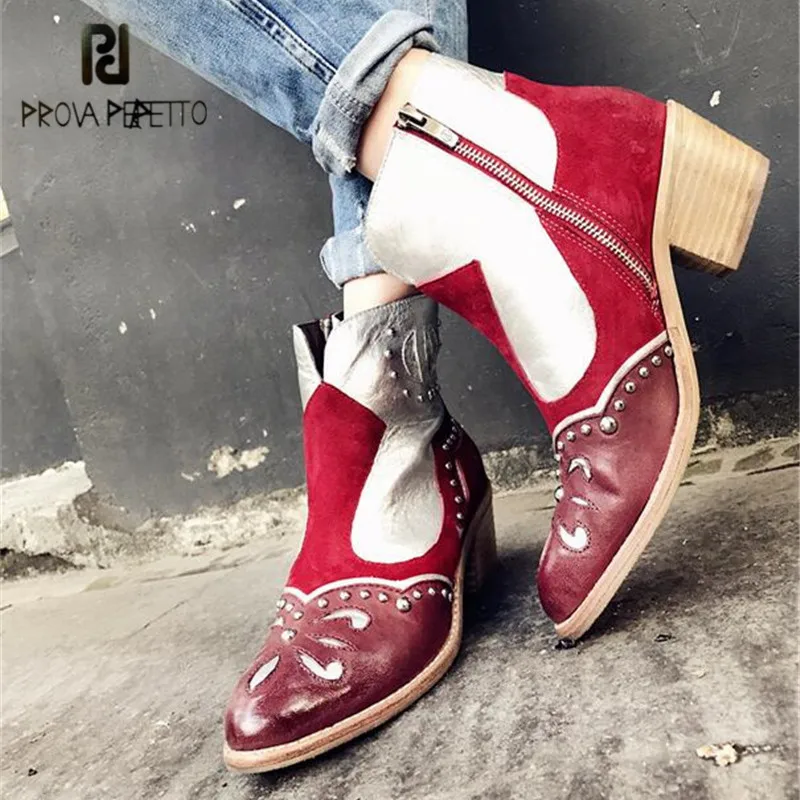 

Prova Perfetto Patchwork Ankle Boots for Women Pointed Toe 5CM Heel Short Booties Genuine Leather Ethnic Handmade Botas Mujer