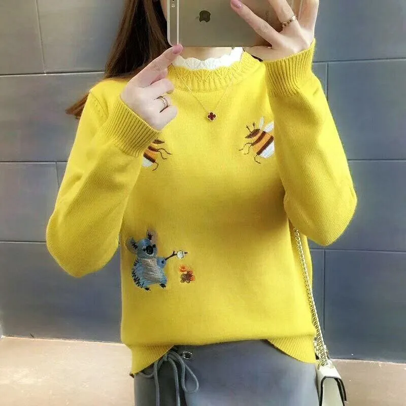 

2019 New Autumn Fashion Knitted Girls Pullover Tops Bee Printed Ladies Knit Sweaters Fall Warm Turtle Neck Pullovers Jumper