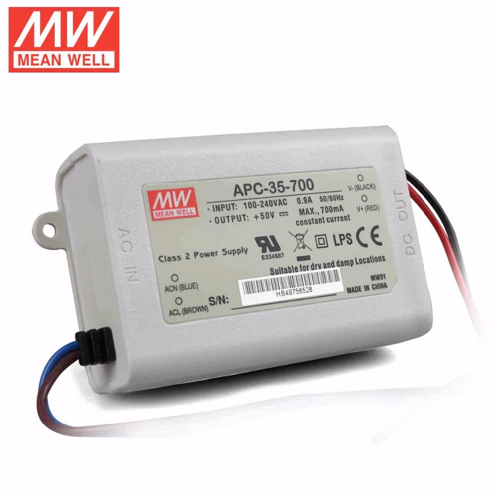 Mean Well APC-35-700 35W 15-50V 700mA LED Waterproof Driver, Single Output Switching Power Supply Mean Well APC-35-700 35W 15-50V 700mA LED Waterproof Driver, Single Output Switching Power Supply
