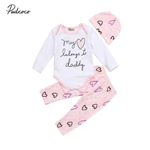Новая брендовая одежда для новорожденных и маленьких девочек 0-24 месяцев, комплект из 3 предметов: белый комбинезон с длинными рукавами и надписью «сердце»+ розовые штаны+ шапочка