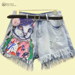 Лето с высокой талией в стиле бохо отверстие кисточкой жемчуг Бисер Джинсовые шорты Женская Корейская одежда горный хрусталь мех джинсы с