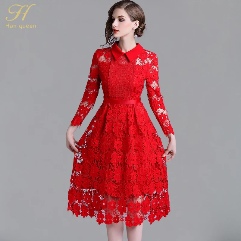 

H Han Queen 2018 Autumn Red Lace Dress Work Casual Slim Work Women Party Dresses Long Sleeve Sexy Hollow Out Vintage Vestidos