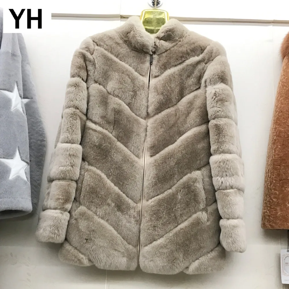 Women New Real Rex Rabbit Fur Coat Winter Warm Long section Rex Rabbit