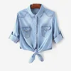 Women's Blouse Female Summer Denim Jacket Shirt Thin Short Knot Shawl Crop Tops Cardigan Sunscreen Clothing 1