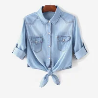 Women's Blouse Female Summer Denim Jacket Shirt Thin Short Knot Shawl Crop Tops Cardigan Sunscreen Clothing 1