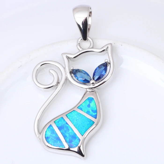 И розничная дизайнеры кошка синий огненный опал Мода серебряные украшения штампованные Цепочки и ожерелья подвеска подарки для леди OP448