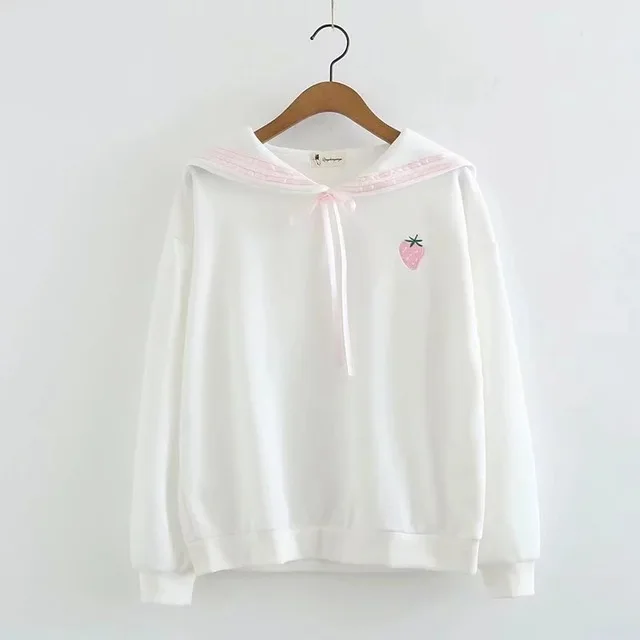  Preppy Style Japanese Kawaii Girls Cute Strawberry Embroidery Sailor Collar Hoodie Korean Long Slee