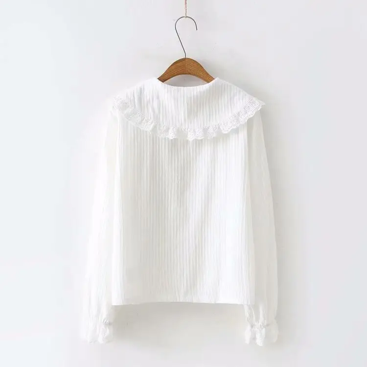 KYQIAO сладкий Лолита рубашка Мори девушки осень весна японский стиль кружевной воротник белая хлопковая блузка Топы