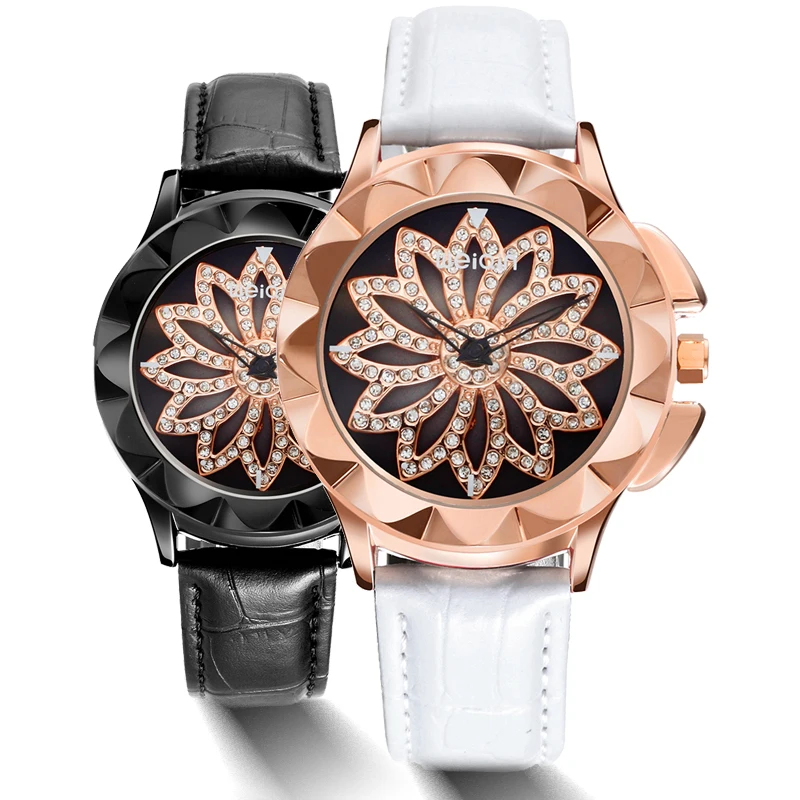 

Snow Women Luxury Creative Rotate Dial Watch Women Fashion Diamond Gold Ladies Watches Female Leather Wristwatches Reloj Mujer