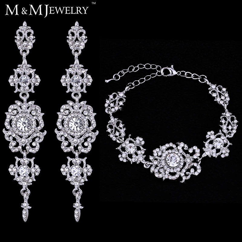 Minmin Top Crystal Bridal Jewelry Sets for Women Wedding Accessories Platinum Plated Bracelets and Long Earrings EH182+SL031