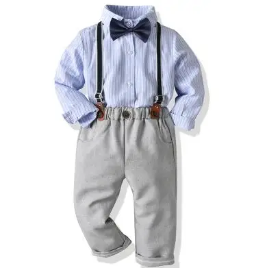 Boys Clothes Wedding party costume Fashion Baby Suit British Wind Children's Gentle man Long Sleeve Shirt Plaid Trousers Suit - Цвет: Blue gray