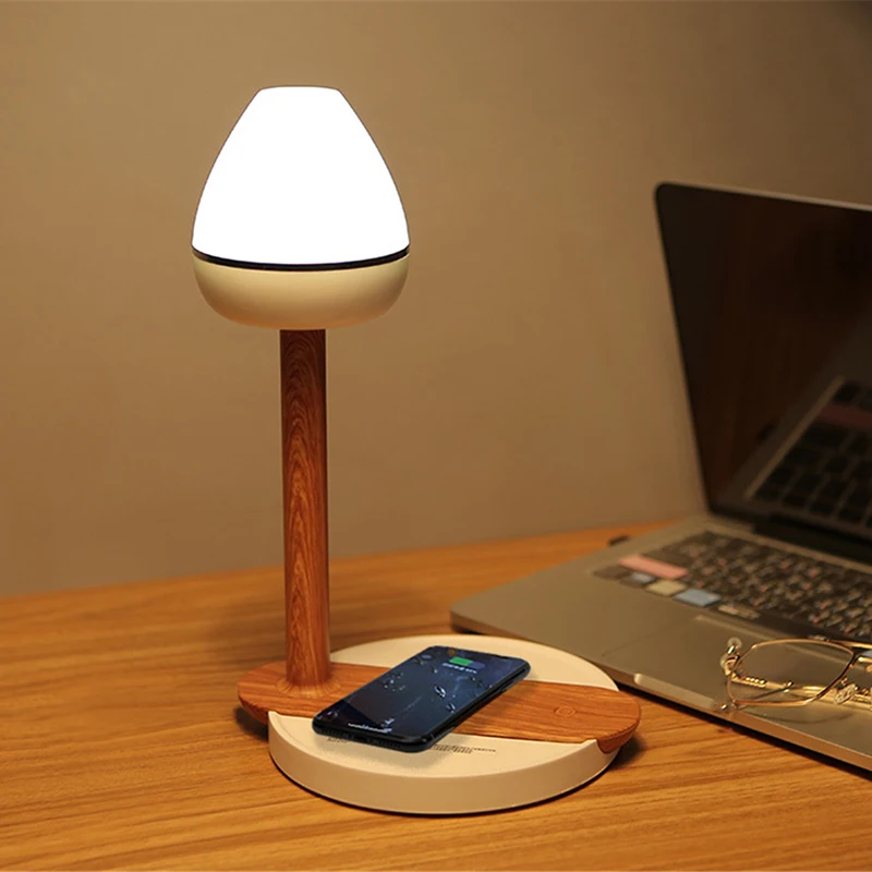  Wood Grain Design Multifunction Qi LED Desk Lamp Phone Wireless Charging Pad Touch Induction Lamp D