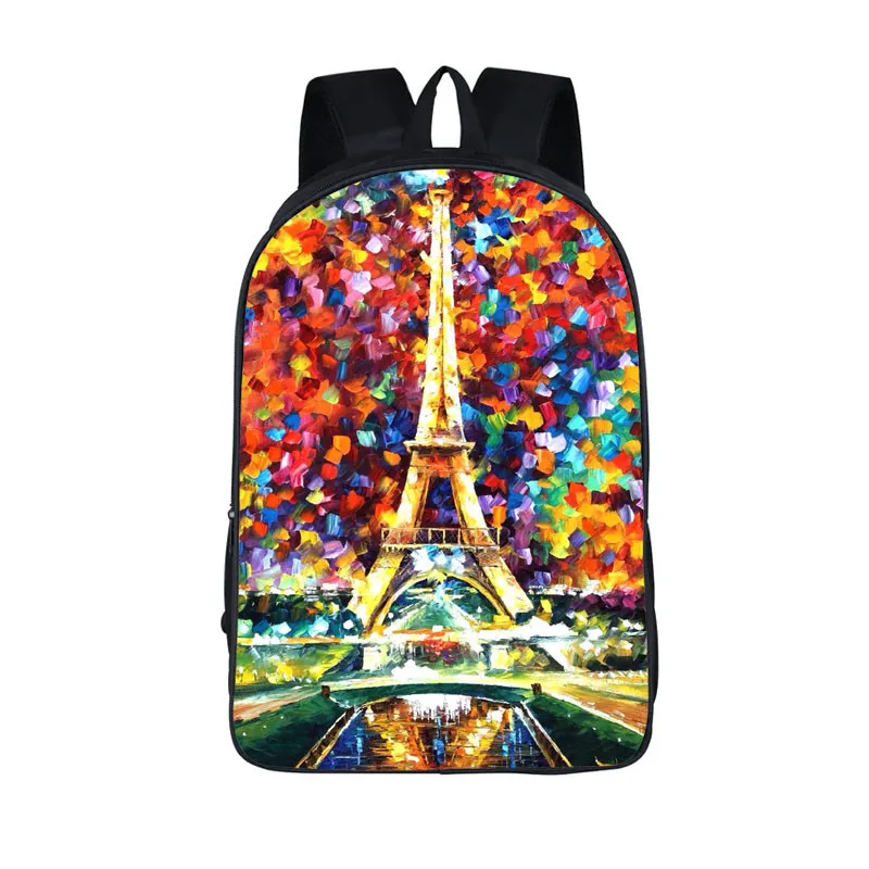 

Vintage Oil Painting Backpack Teenage School Bags London Landscape / the Eiffel Tow Bagpack Men Women Casual Travel Bag Backpack