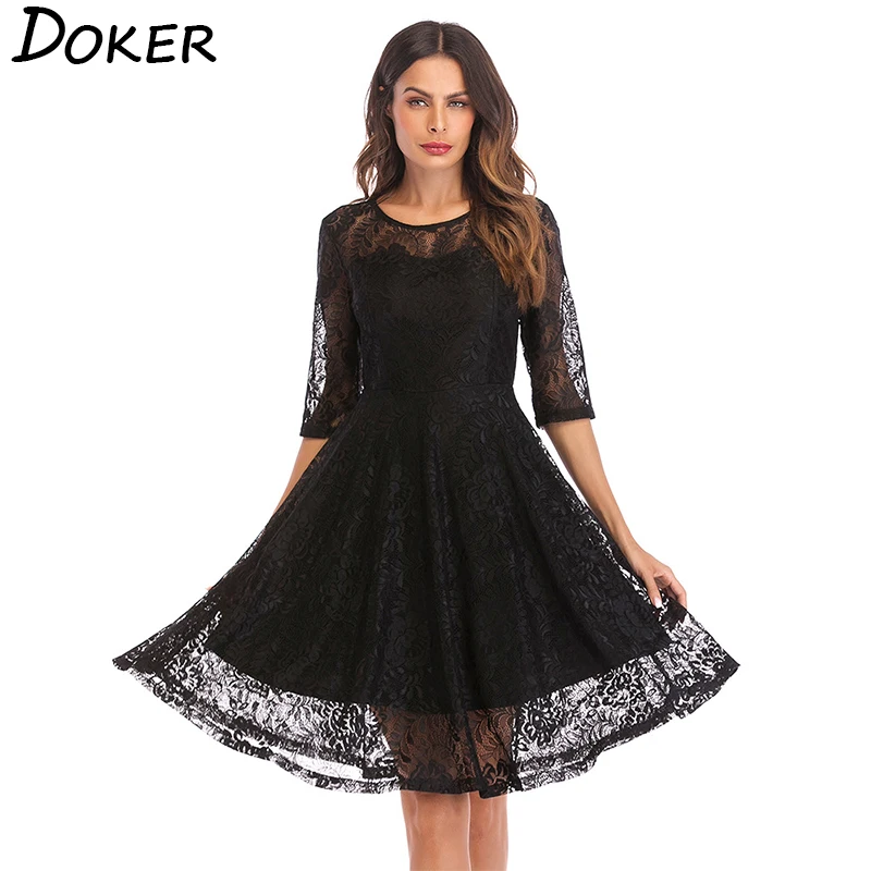 

2018 New Lace Vintage Large Swing Dress Women O-neck 3/4 Sleeve Knee-length Dress Ladies Plus Size Elegant Evening Party Dress