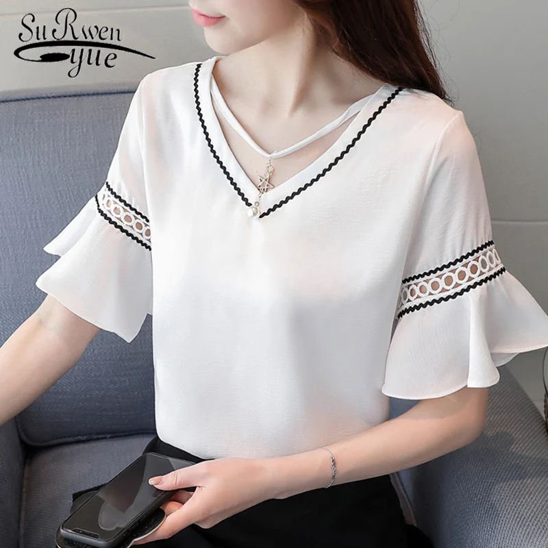 

fashion 2019 V-neck women's clothing summer short sleeve chiffon women blouse shirt hollow out white women's tops blusas D706 30