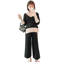 Новая весенне-осенняя одежда вязаный комплект свитер с длинными рукавами+ широкие брюки для беременных женщин, повседневный комплект одежды для беременных Q784