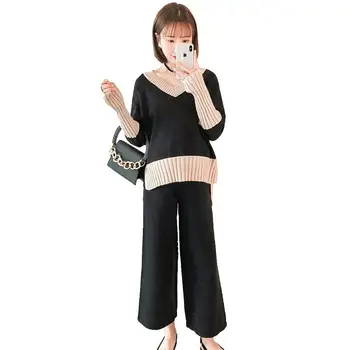 

2019 New Spring Autumn Maternity Knitted Set Long Sleeve Sweater+Wide Leg Pant Pregnant Women Causal Set Pregnancy Clothes Q784