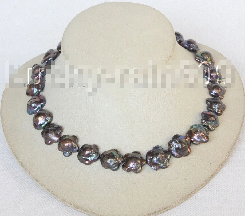 

FREE SHIPPING 18mmX19mm Baroque flower black Reborn Keshi pearls necklace E9091