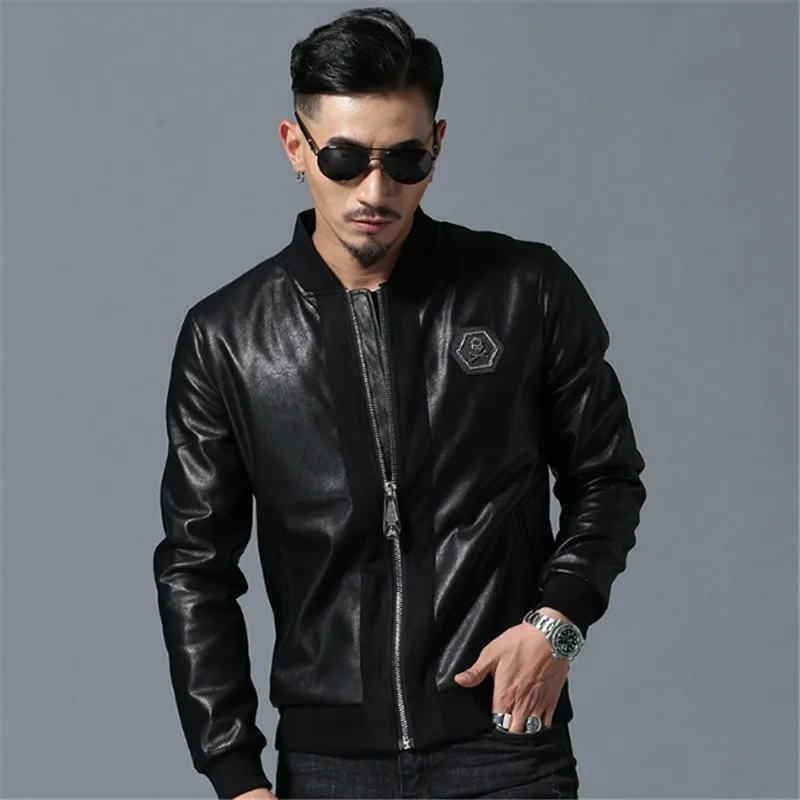 

Men High Street Style Stand-Neck Sudaderas Hombre Rib Sleeve Streetwear Mens Jackets and Coats Skull Rhinestones PU Jackets