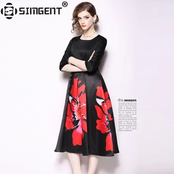 

Simgent Autumn Winter Three Quarter Sleeve O-Neck Patchwork Casual Elegant A Line Women Dresses Robe Femme Hiver 2018 SG810183