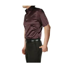 Коричневый Шелковый Шорты, рубашка гладкая атласная Для мужчин Твердые Смокинг Рубашка Бизнес Chemise Homme Повседневное Slim Fit блестящие свадебные Рубашки с коротким рукавом