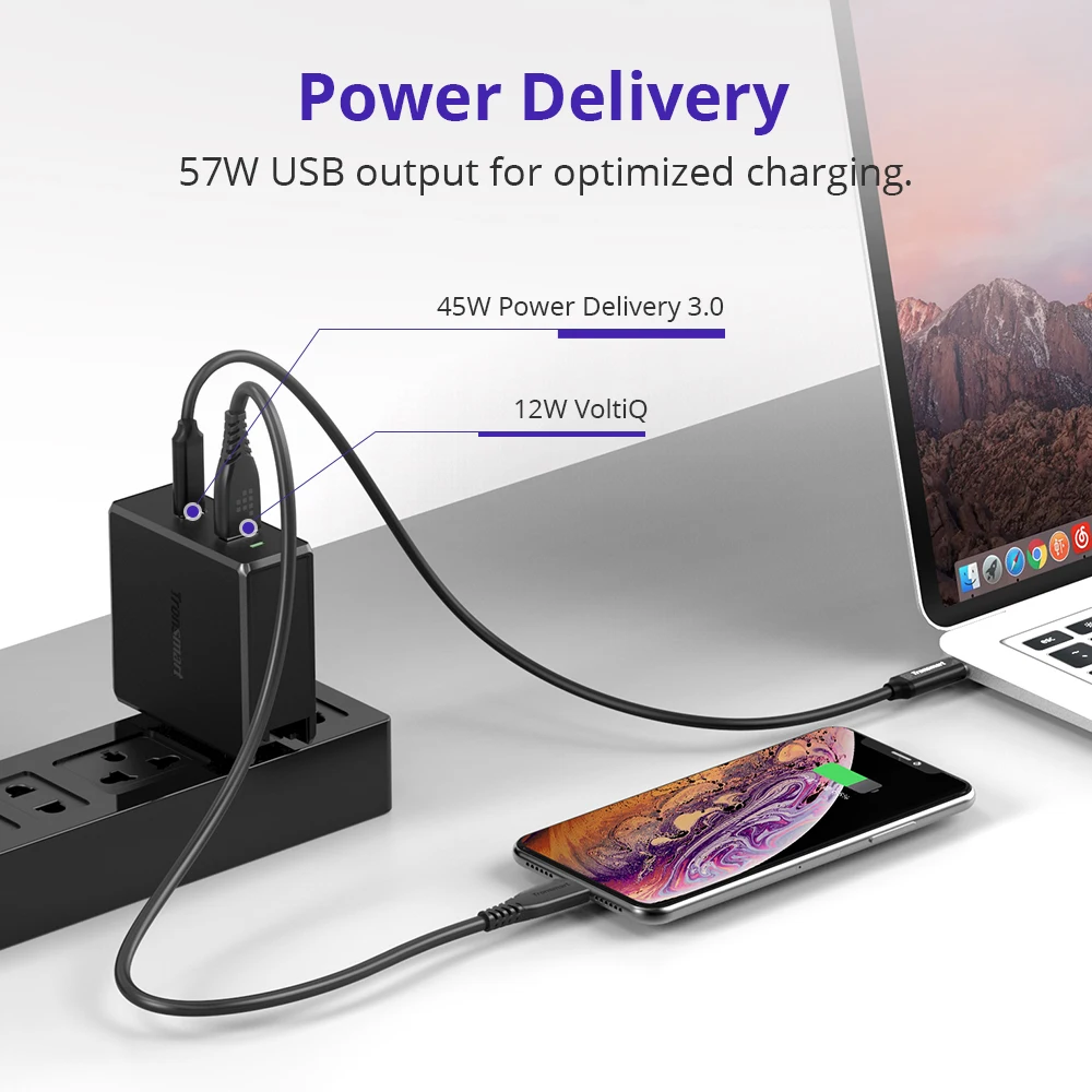 

Tronsmart WCP03 57W USB-C Wall Charger with 45W Power Delivery 3.0, 12W VoltiQ, Foldable Plug for iPhone,MacBook