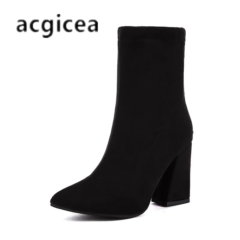 

2018 winter new women's simple shallow mouth wild Flock thick with short boots pointed comfortable zipper high heel boots t01