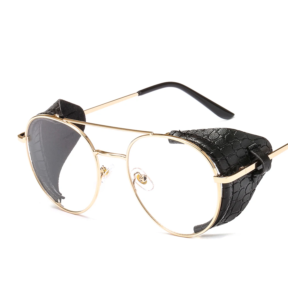 Модные Винтажные Солнцезащитные очки в стиле стимпанк для мужчин и женщин, с кожаным боковым покрытием, фирменный дизайн, металлические солнцезащитные очки в стиле панк, UV400 - Цвет линз: C6Gold Clear