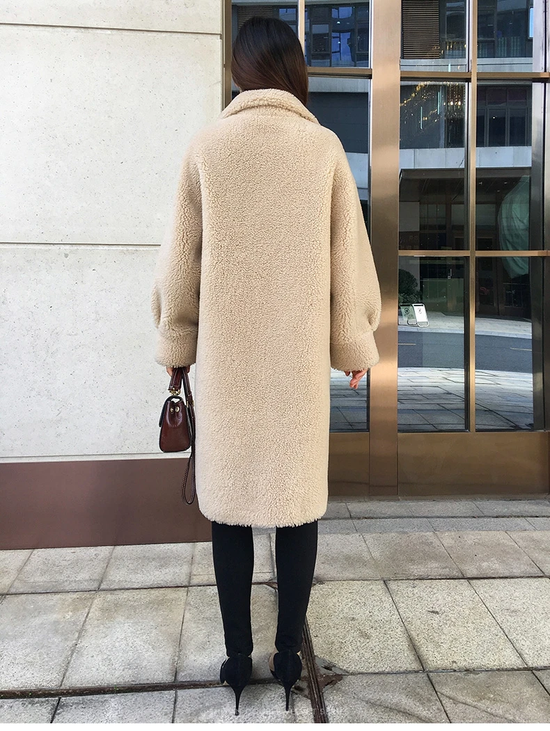 SY07 Fall winter women 30% real wool fur coat overcoat Horn buckle warm pocket sheep shearing girl fur coats lady long jacket