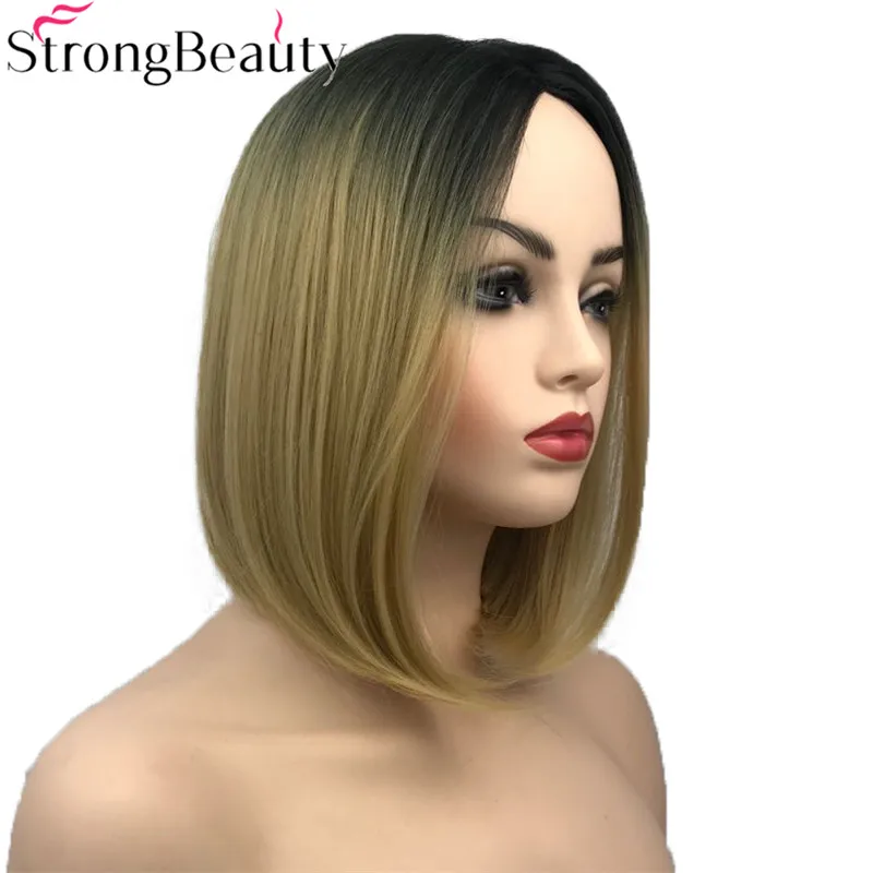 S2083 2R-86 (6) StrongBeauty Short Wigs Straight Synthetic Wig Ombre Flaxen Heat Resistant Hair Full Hair