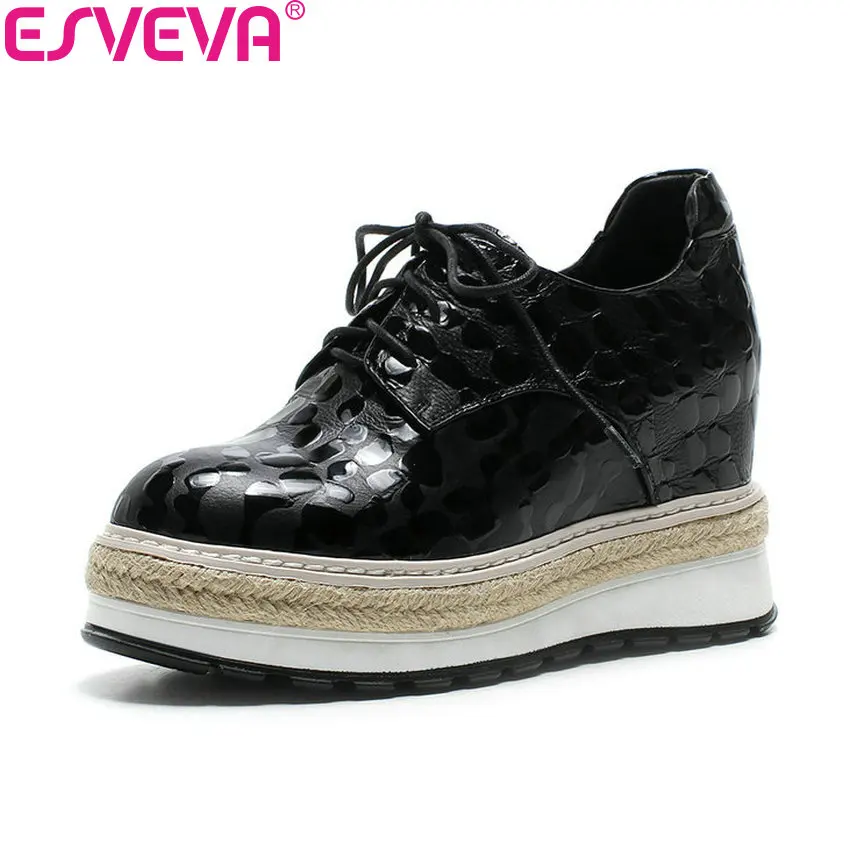 

ESVEVA 2018 Women Pumps Cow Leather PU Casual High Heels Round Toe Lace Up Height Increasing Platform Ladies Shoes Size 34-42