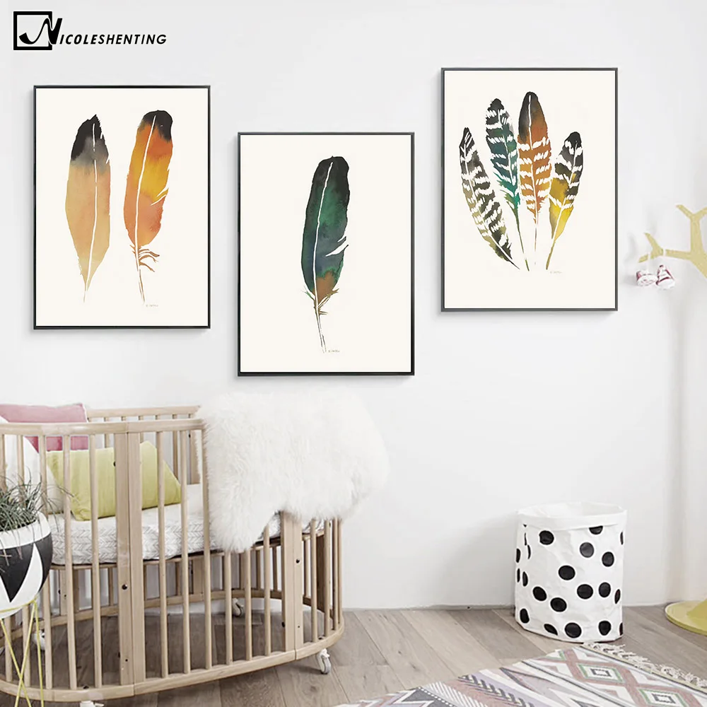 Watercolor Feathers Canvas Poster Nordic Art Painting Home Wall Decor