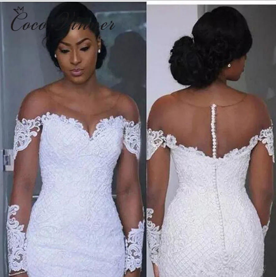 

Short Cap Sleeve Mermaid Trumpet Wedding Dress 2020 Africa New Lace Appliques Beaded Button Back Plus Size Wedding Dresses W0363